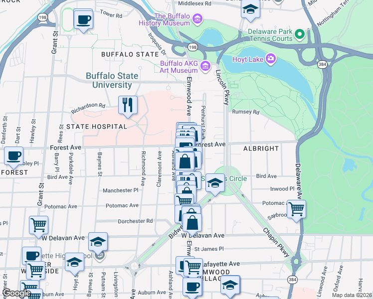 map of restaurants, bars, coffee shops, grocery stores, and more near 1092 Elmwood Avenue in Buffalo