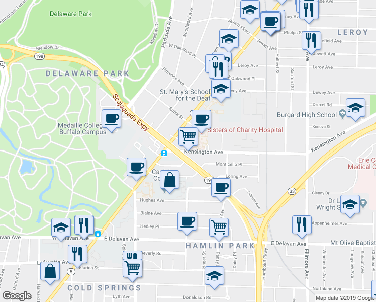 map of restaurants, bars, coffee shops, grocery stores, and more near 26 Kensington Ave in Buffalo
