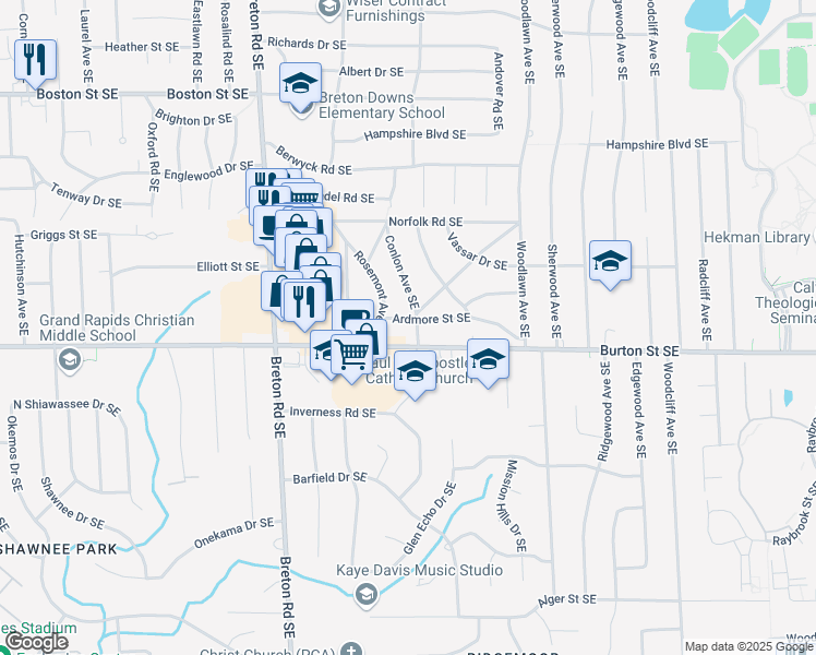 map of restaurants, bars, coffee shops, grocery stores, and more near 2610 Ardmore Street Southeast in Grand Rapids