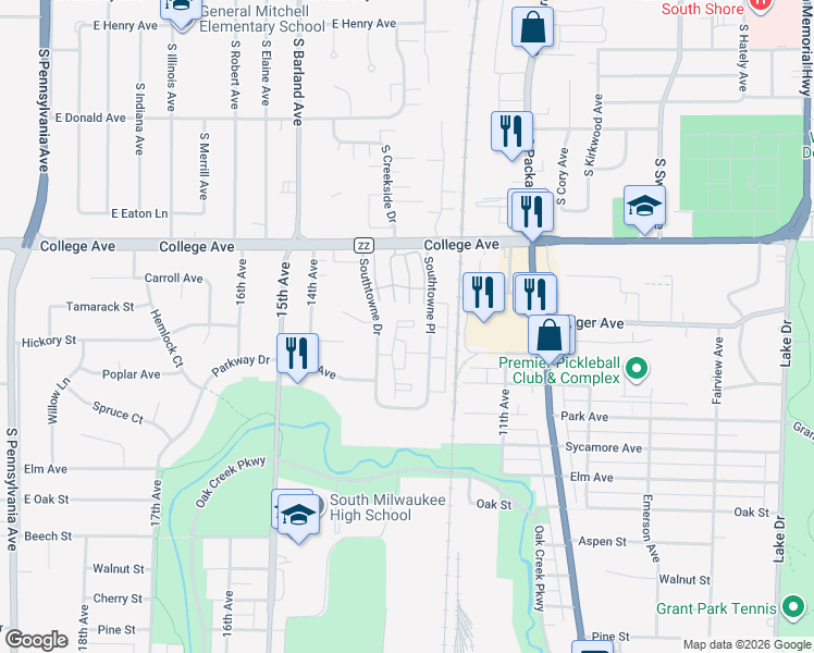 map of restaurants, bars, coffee shops, grocery stores, and more near 333 Southtowne Drive in South Milwaukee