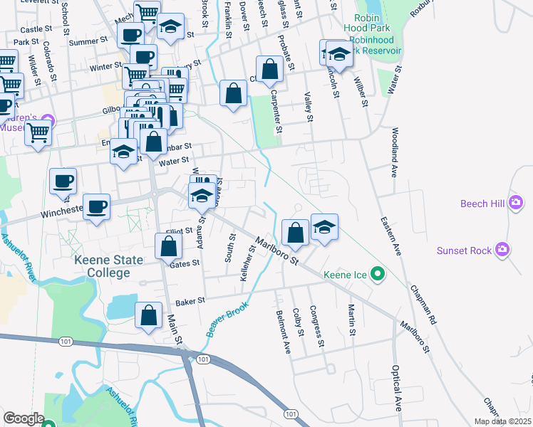 map of restaurants, bars, coffee shops, grocery stores, and more near 30 Gardner Street in Keene