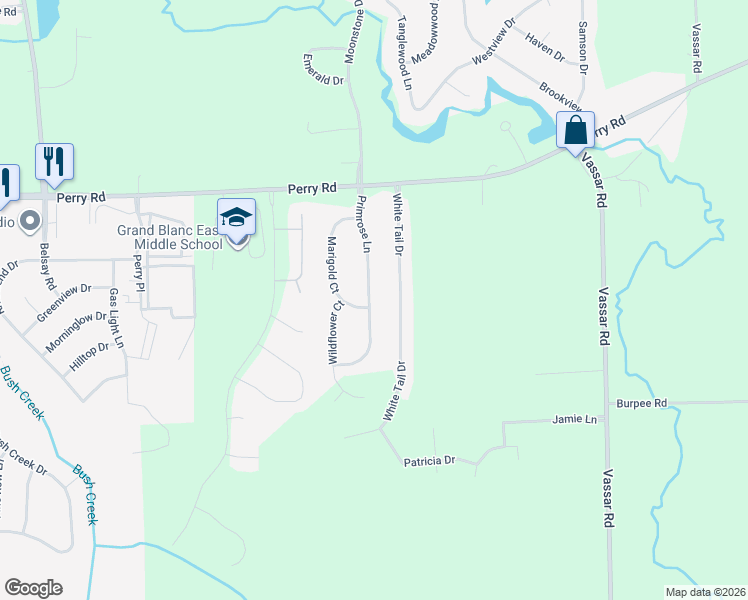 map of restaurants, bars, coffee shops, grocery stores, and more near 6262 Perry Road in Grand Blanc