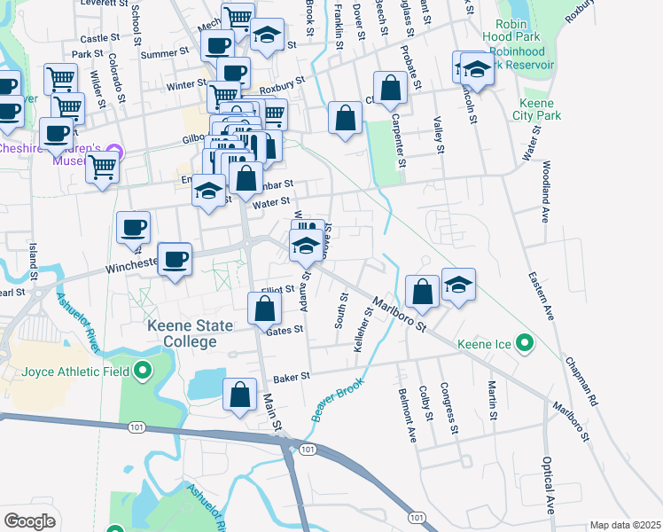 map of restaurants, bars, coffee shops, grocery stores, and more near 143 Marlboro Street in Keene