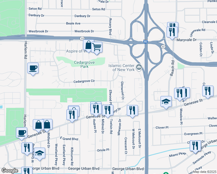 map of restaurants, bars, coffee shops, grocery stores, and more near 74 Ellwood Place in Buffalo