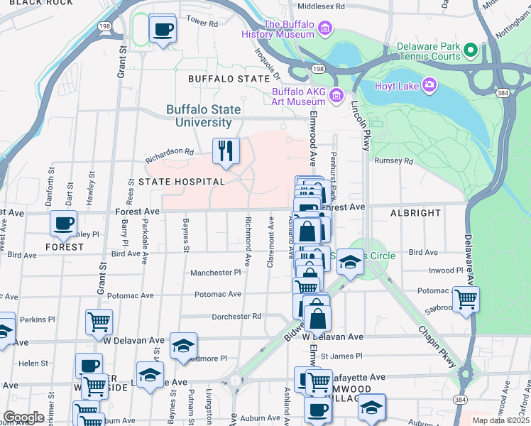 map of restaurants, bars, coffee shops, grocery stores, and more near 865 Richmond Avenue in Buffalo