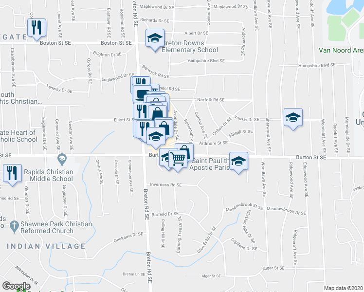 map of restaurants, bars, coffee shops, grocery stores, and more near 2526 Ardmore Street Southeast in Grand Rapids