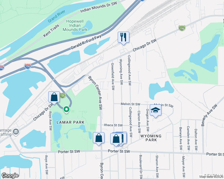 map of restaurants, bars, coffee shops, grocery stores, and more near 2043 Greenfield Avenue Southwest in Wyoming