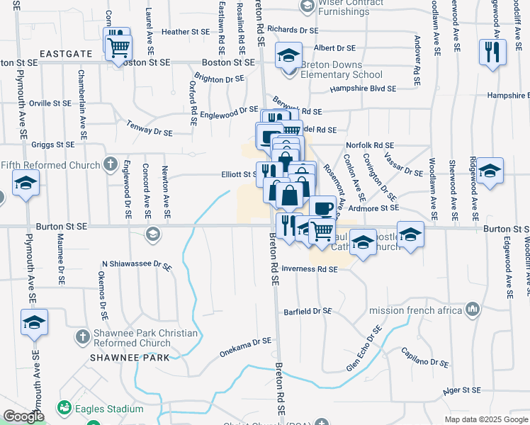 map of restaurants, bars, coffee shops, grocery stores, and more near 2005 Breton Road Southeast in Grand Rapids