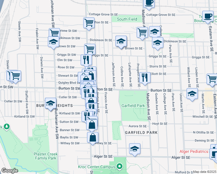 map of restaurants, bars, coffee shops, grocery stores, and more near 139 Burton Street Southeast in Grand Rapids
