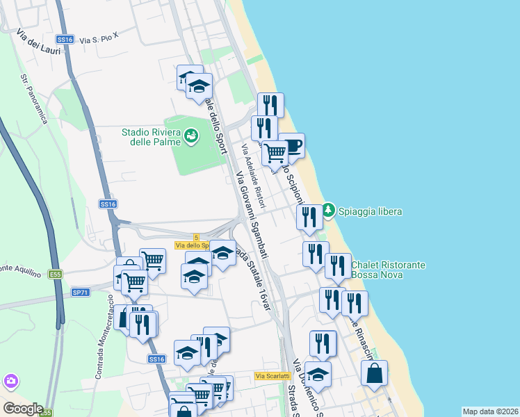 map of restaurants, bars, coffee shops, grocery stores, and more near 30 Via Adelaide Ristori in San Benedetto del Tronto
