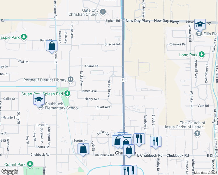 map of restaurants, bars, coffee shops, grocery stores, and more near 5198 Mesquite Drive in Chubbuck