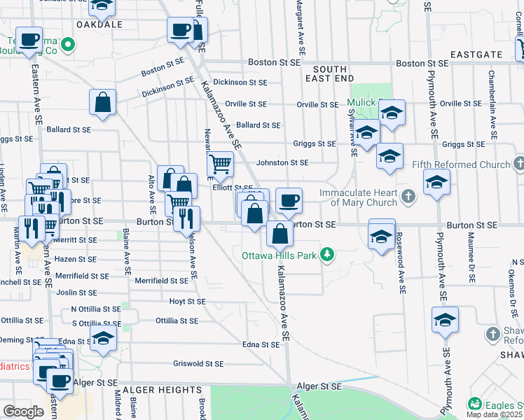 map of restaurants, bars, coffee shops, grocery stores, and more near 1941 Kalamazoo Avenue Southeast in Grand Rapids