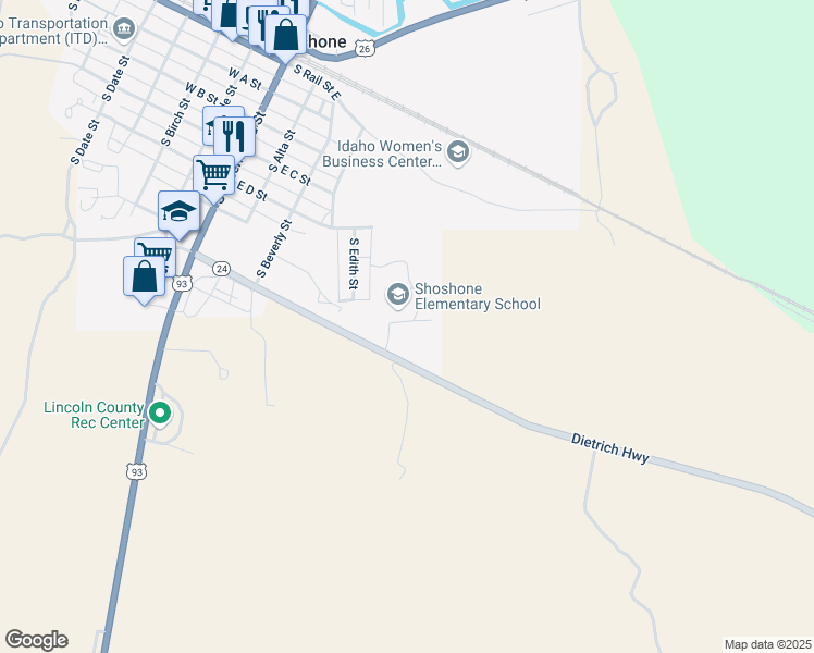 map of restaurants, bars, coffee shops, grocery stores, and more near 61 Idaho 24 in Shoshone