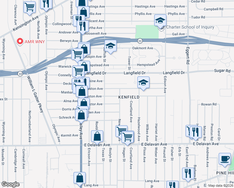 map of restaurants, bars, coffee shops, grocery stores, and more near 138 Weston Avenue in Buffalo