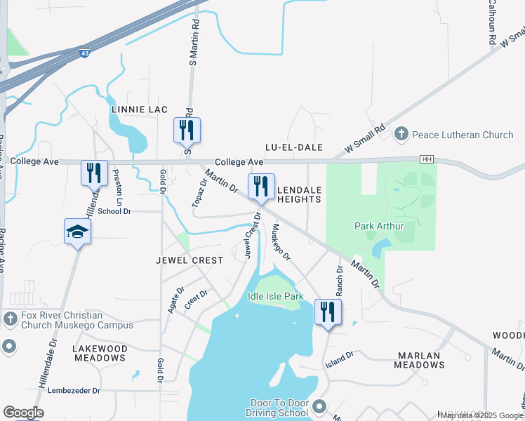 map of restaurants, bars, coffee shops, grocery stores, and more near S64W18295 Martin Drive in Muskego