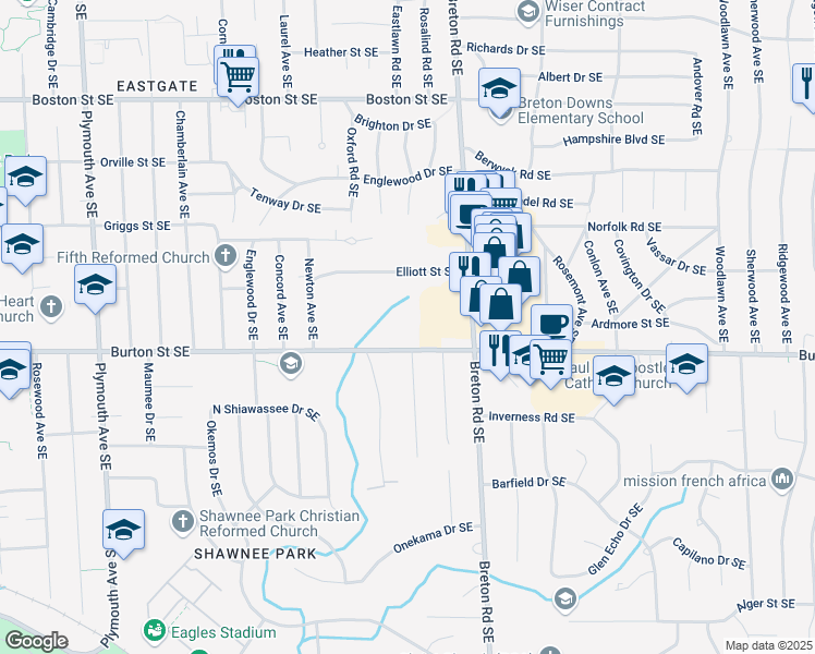 map of restaurants, bars, coffee shops, grocery stores, and more near 2305 Burton Street Southeast in Grand Rapids