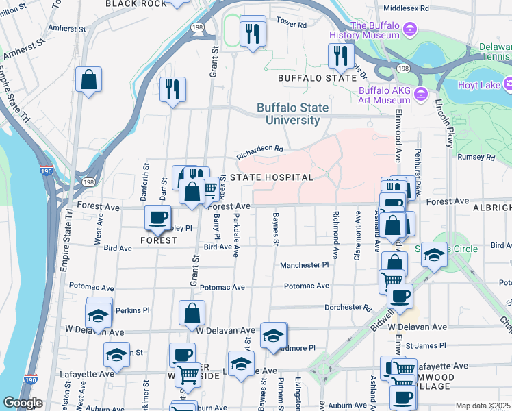 map of restaurants, bars, coffee shops, grocery stores, and more near Buffalo State in Buffalo