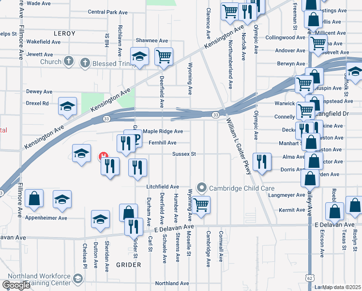 map of restaurants, bars, coffee shops, grocery stores, and more near 107 Fernhill Avenue in Buffalo