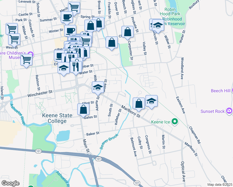 map of restaurants, bars, coffee shops, grocery stores, and more near 62 Foster Street in Keene