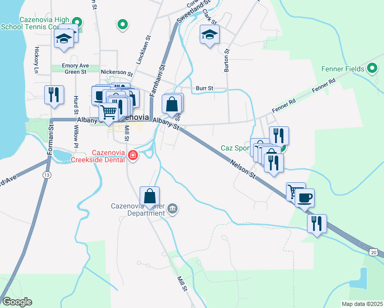 map of restaurants, bars, coffee shops, grocery stores, and more near 12 Nelson Street in Cazenovia