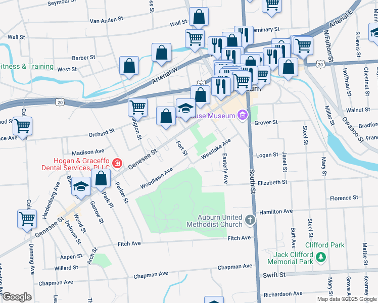 map of restaurants, bars, coffee shops, grocery stores, and more near 172 Genesee Street in Auburn