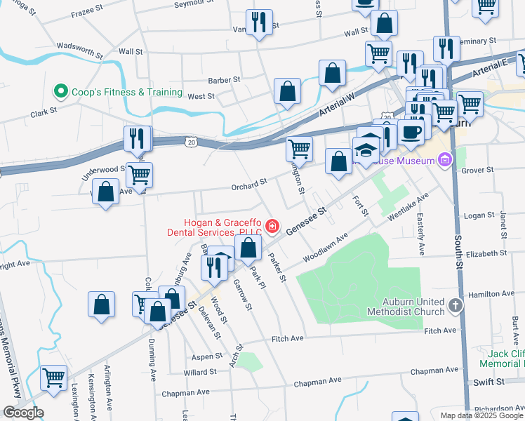 map of restaurants, bars, coffee shops, grocery stores, and more near 21 Jefferson Street in Auburn
