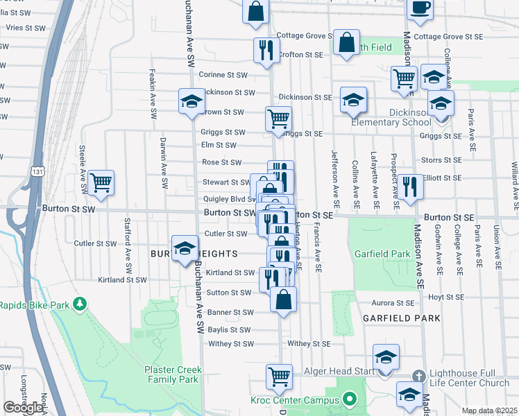 map of restaurants, bars, coffee shops, grocery stores, and more near 29 Quigley Boulevard Southwest in Grand Rapids