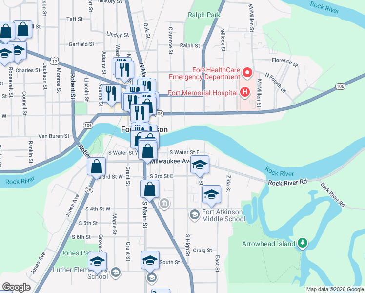 map of restaurants, bars, coffee shops, grocery stores, and more near 225 South Water Street East in Fort Atkinson