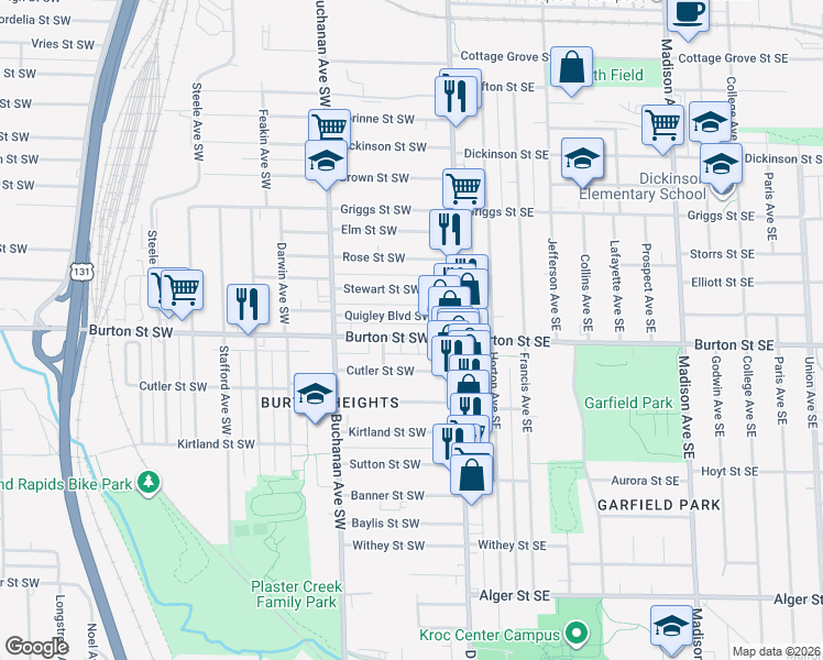 map of restaurants, bars, coffee shops, grocery stores, and more near 29 Quigley Boulevard Southwest in Grand Rapids