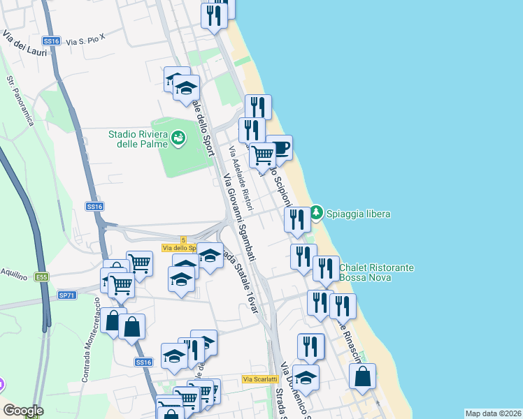 map of restaurants, bars, coffee shops, grocery stores, and more near 30 Via Adelaide Ristori in San Benedetto del Tronto