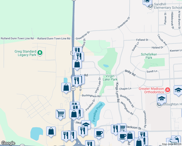 map of restaurants, bars, coffee shops, grocery stores, and more near 2200 Lake Woods Way in Stoughton