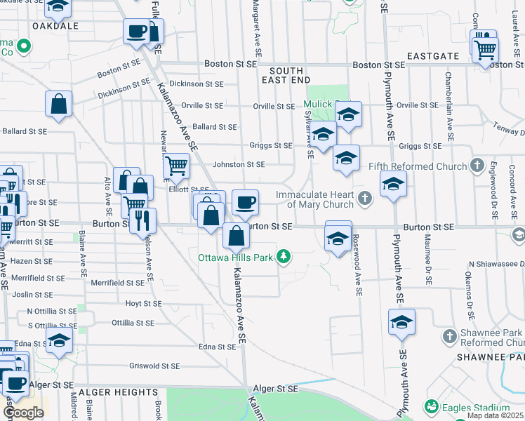 map of restaurants, bars, coffee shops, grocery stores, and more near 1447 Ardmore Street Southeast in Grand Rapids