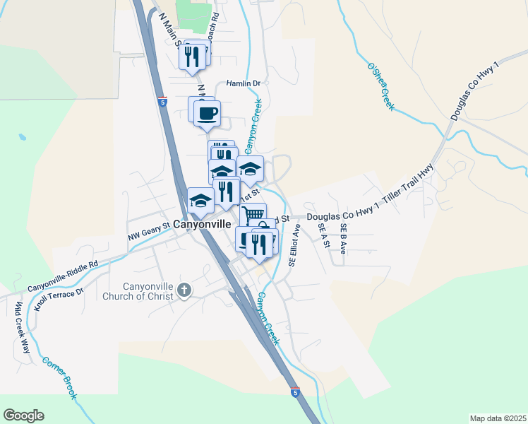 map of restaurants, bars, coffee shops, grocery stores, and more near 249 Southeast 2nd Street in Canyonville