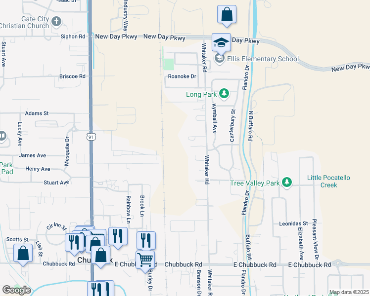 map of restaurants, bars, coffee shops, grocery stores, and more near 5253 Whitaker Road in Pocatello