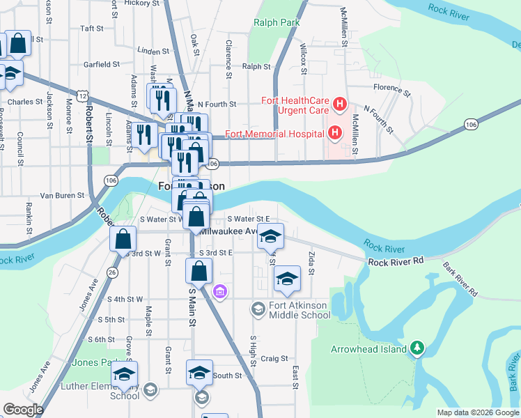 map of restaurants, bars, coffee shops, grocery stores, and more near 225 South Water Street East in Fort Atkinson