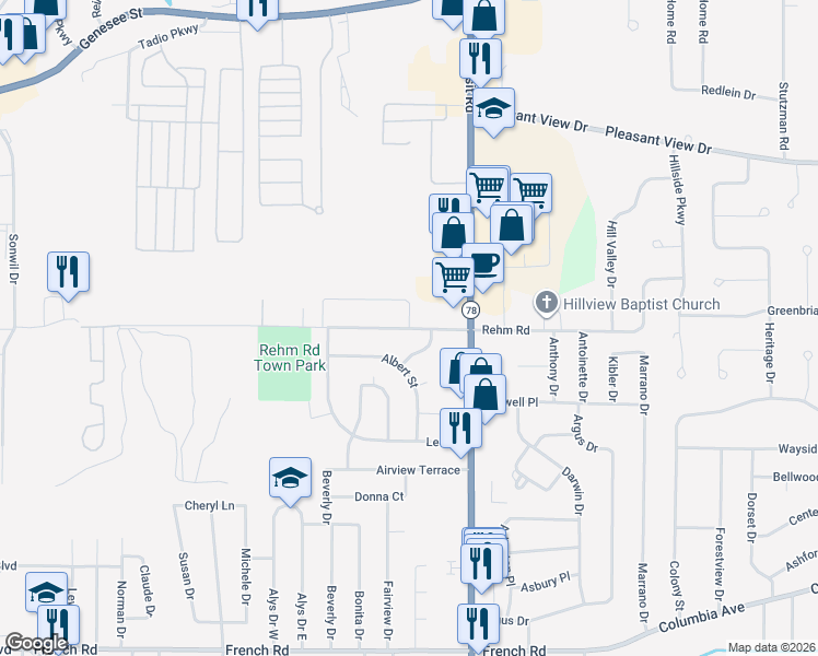 map of restaurants, bars, coffee shops, grocery stores, and more near 116 Patsy Lane in Depew