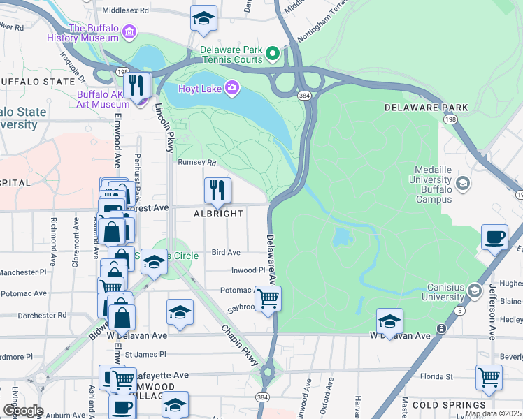 map of restaurants, bars, coffee shops, grocery stores, and more near 825 Forest Avenue in Buffalo