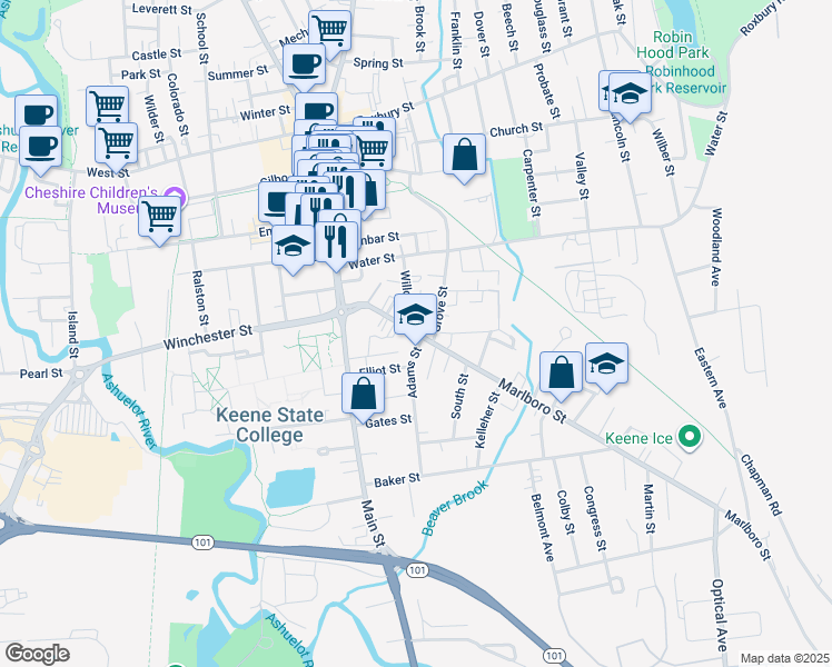 map of restaurants, bars, coffee shops, grocery stores, and more near 58 Willow Street in Keene
