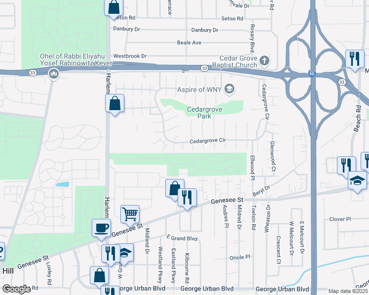 map of restaurants, bars, coffee shops, grocery stores, and more near 12 Starcrest Drive in Buffalo