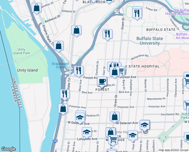 map of restaurants, bars, coffee shops, grocery stores, and more near 100 Forest Avenue in Buffalo