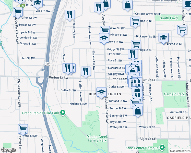 map of restaurants, bars, coffee shops, grocery stores, and more near 1927 Darwin Avenue Southwest in Grand Rapids