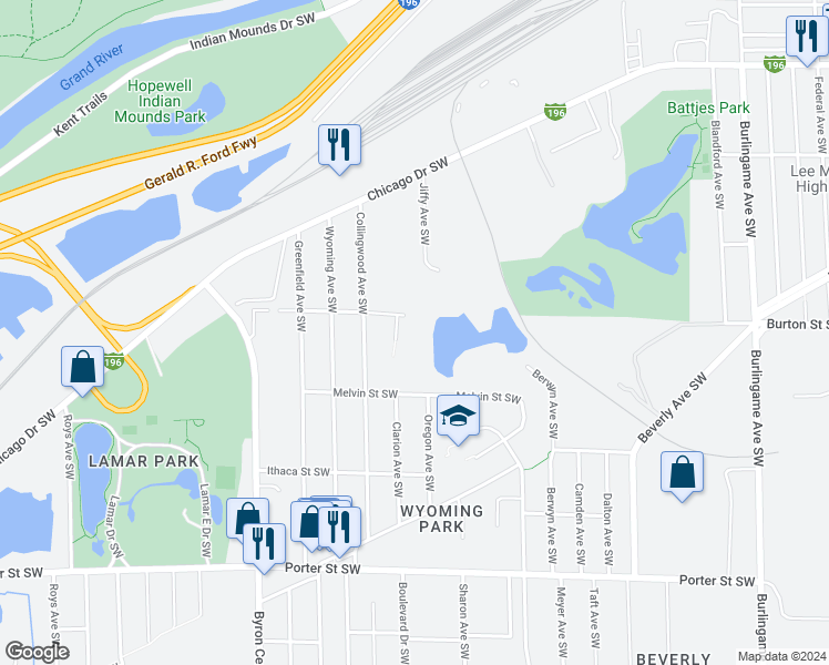 map of restaurants, bars, coffee shops, grocery stores, and more near 2130 Burton Street Southwest in Wyoming