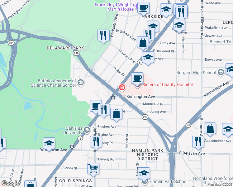 map of restaurants, bars, coffee shops, grocery stores, and more near 2151 Main Street in Buffalo