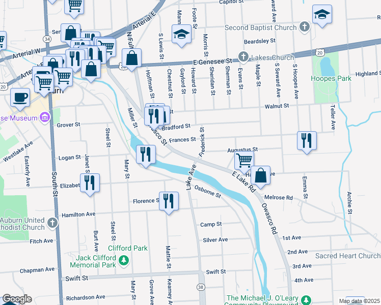map of restaurants, bars, coffee shops, grocery stores, and more near 24 Frances Street in Auburn