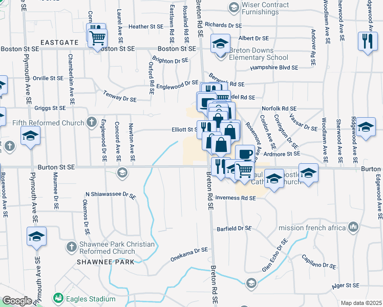 map of restaurants, bars, coffee shops, grocery stores, and more near 2335 Burton Street Southeast in Grand Rapids