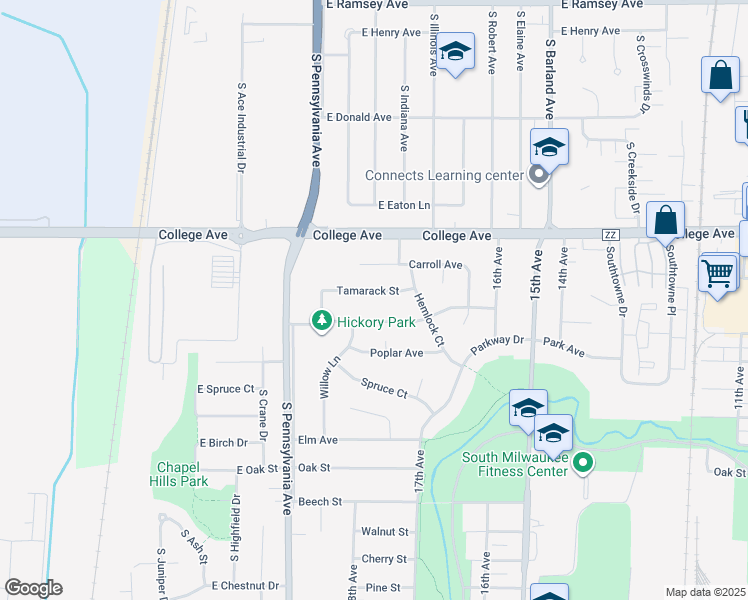 map of restaurants, bars, coffee shops, grocery stores, and more near 1784 Tamarack Street in South Milwaukee