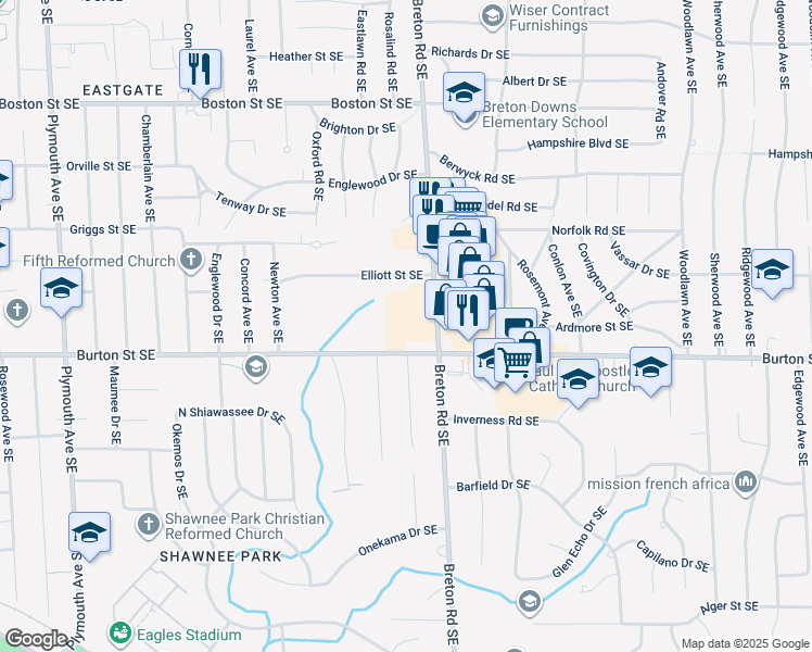 map of restaurants, bars, coffee shops, grocery stores, and more near 2335 Burton Street Southeast in Grand Rapids
