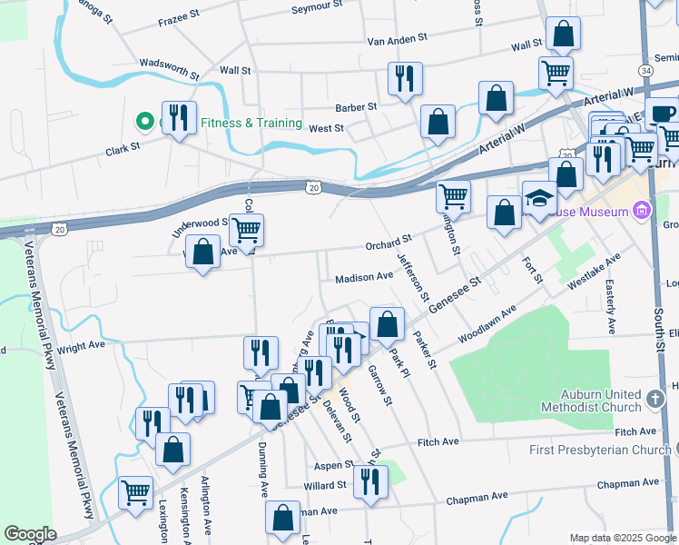 map of restaurants, bars, coffee shops, grocery stores, and more near 88 Orchard Street in Auburn