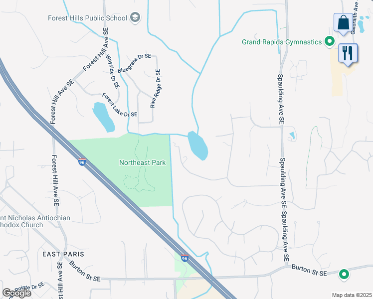 map of restaurants, bars, coffee shops, grocery stores, and more near 4820 Tall Pines Court Southeast in Grand Rapids