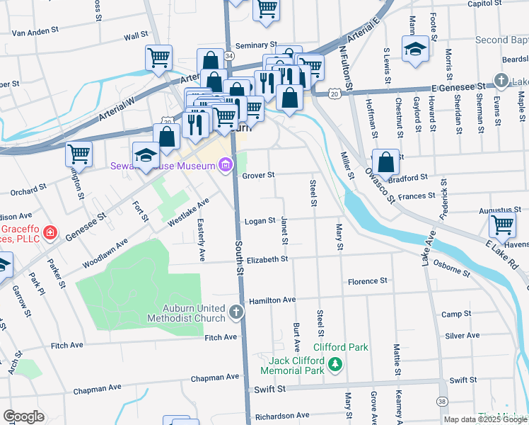 map of restaurants, bars, coffee shops, grocery stores, and more near 9-11 Logan Street in Auburn